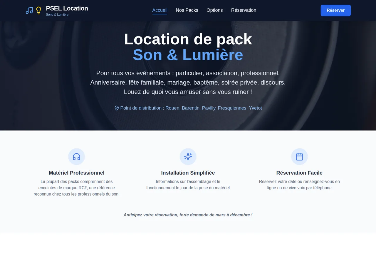Capture réelle du site PSEL Location, présentation de la location de son et lumière